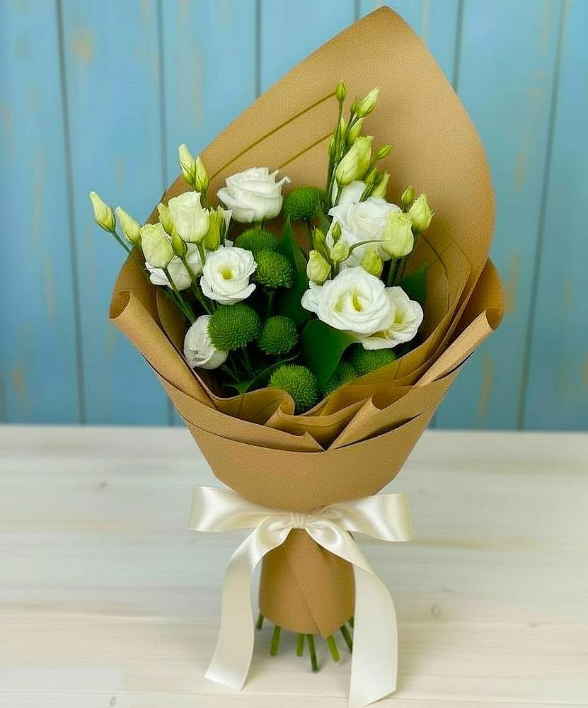 Букет цветов из: Хризантемы и Лизиантусы в Губской