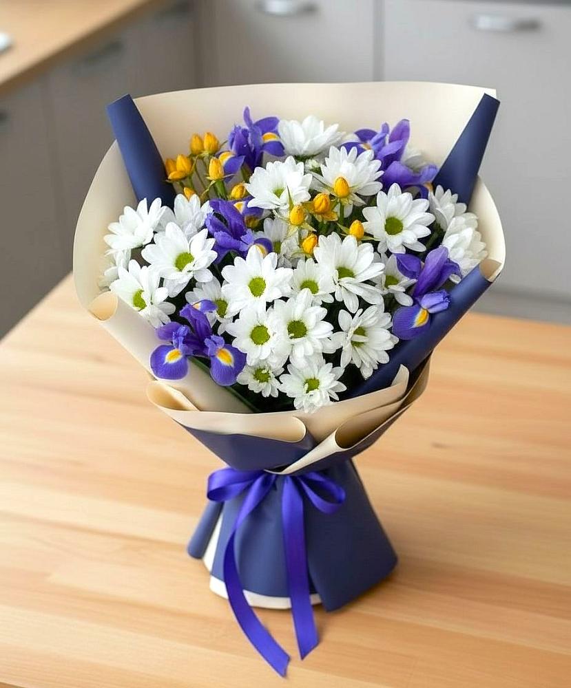 Букет цветов из: Розы, Ирисы и Хризантемы в Губской