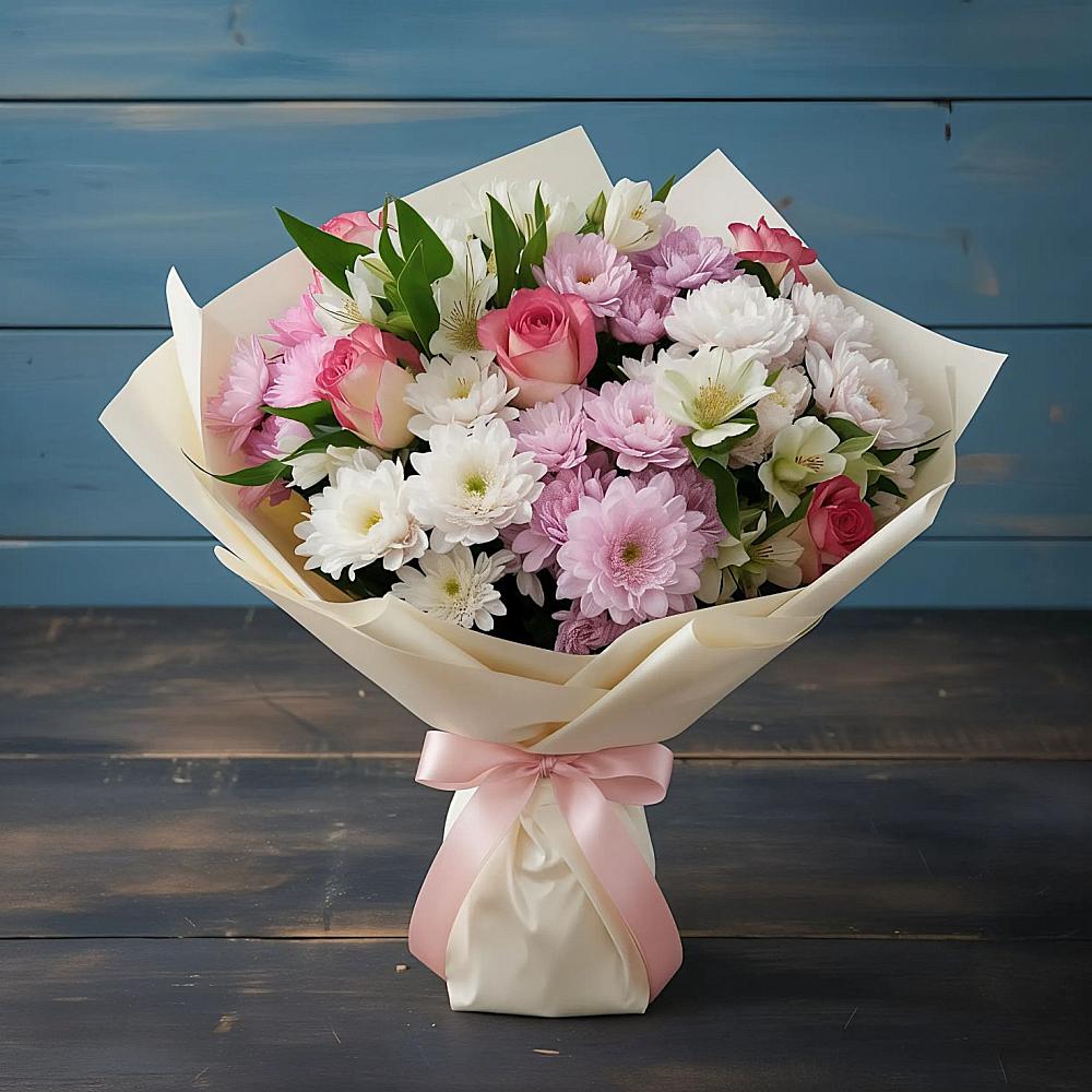 Букет цветов из: Хризантемы, Альстромерии и Розы в Губской